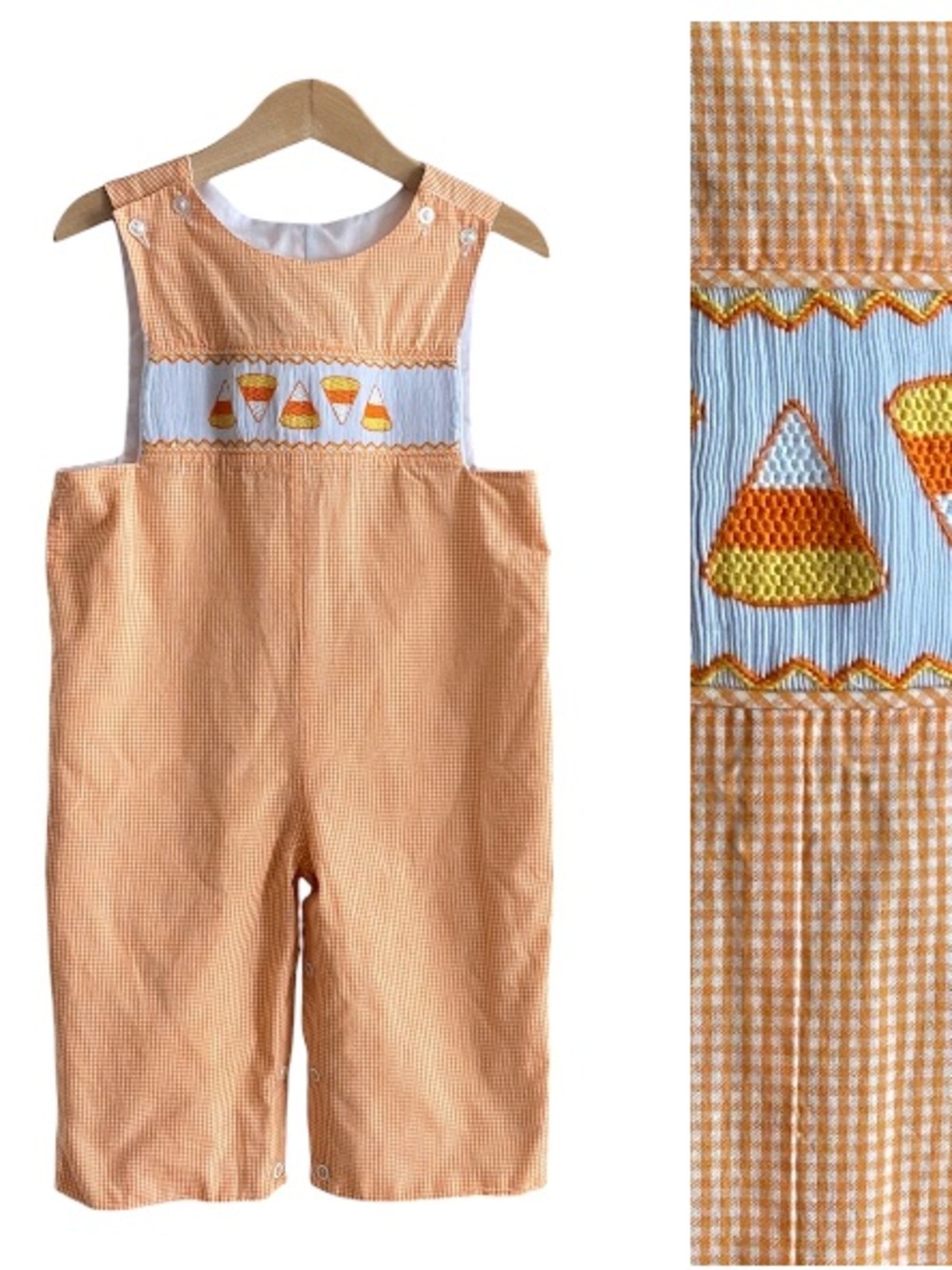 Stellybelly Orange Gingham Plaid Smocked Halloween Candy Corn Jon Jon Romper 18m